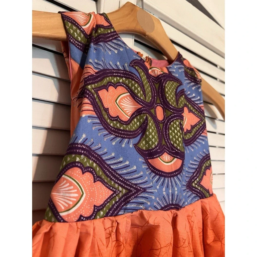 NIGERIAN AFRICAN Kids Girls Dress Size 4T Handmade Aline Sleeveless Orange Blue
